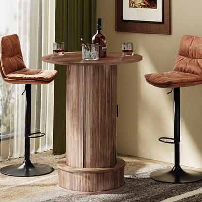 Round Bar Table with 2-Tier Hidden Storage, 38.1" H Wood High Top Table, Bistro Pub Table with Footrest, Cocktail Tables for Coffee Bar, Kitchen Dining Room, Small Space (Walnut) - color: Walnut