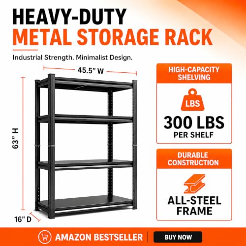 4-Tier Metal Bookshelf, 45.5" W Industrial Tall Display Bookcase, 1200LBS Modern Black Book Shelf, Adjustable Bolt-Free Storage Shelves for Living Room, Bedroom, Kitchen, 63" H - size: 4-Tier 45.5"W x16"D x63"H