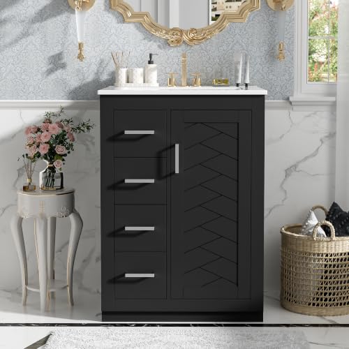 24 Inch Black Bathroom Vanity with Sink & Sliver Handles,Light Luxury | with Herringbone Pattern Soft Closing Door,3 Left Drawers,Ceramic Countertop,Solid Wood Frame,Floor-Standing with Toe-Kick - color: Black, size: 24 Inch(Left Drawers)