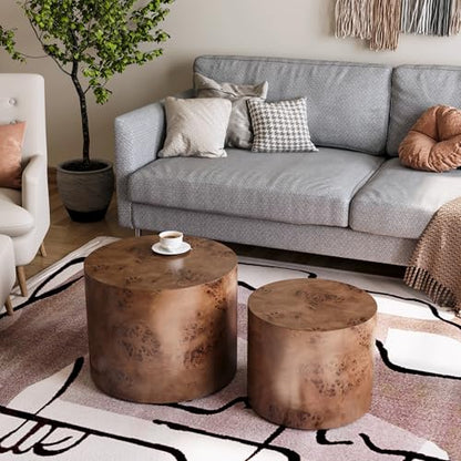 Nesting Coffee Table Set of 2, Modern Round Coffee Table, Wooden Circle Accent Tables for Small Spaces Living Room Bedroom Balcony Office Drum Side Table, Brown Burl - color: Brown Burl