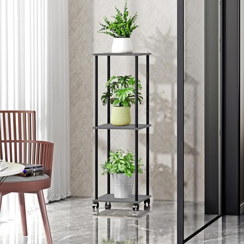 HAYOFAMY 3 Tier Oak Grey Plant Stand Indoor with Wheels 37.2” Tall | Movable Plant Shelf, Metal Wood Multiple, Flower Pot Holder for Living Room Office Balcony Patio