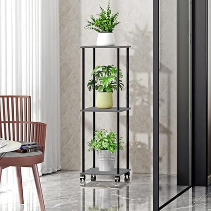 HAYOFAMY 3 Tier Oak Grey Plant Stand Indoor with Wheels 37.2” Tall | Movable Plant Shelf, Metal Wood Multiple, Flower Pot Holder for Living Room Office Balcony Patio