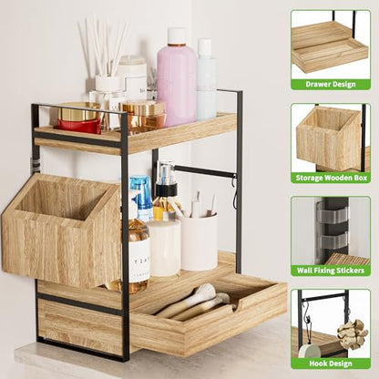 2-Tier Bathroom Counter Organizer, Wooden Vanity Shelf with Drawer & Basket | Pre-Drilled Holes, Skincare & Makeup Countertop Organizer and storage - color: Light Brown