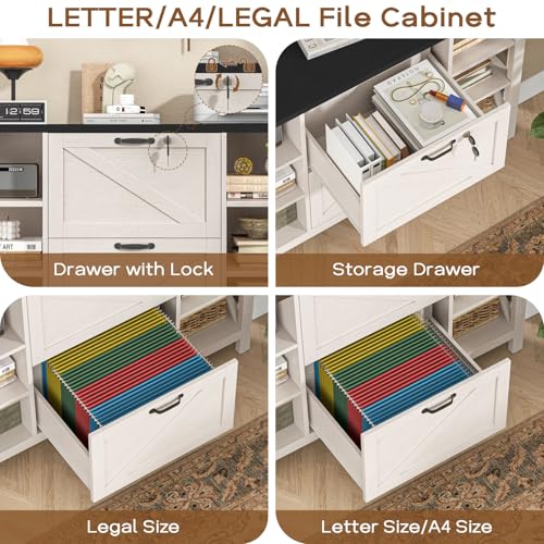 Halitaa 44" Lateral File Cabinet with Adjustable Shelves, Farmhouse 2 Drawer Filing Cabinet with Lock for Legal/A4/Letter, Wooden Printer Stand Office Furniture for Home Office, White and Black