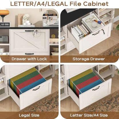 Halitaa 44" Lateral File Cabinet with Adjustable Shelves, Farmhouse 2 Drawer Filing Cabinet with Lock for Legal/A4/Letter, Wooden Printer Stand Office Furniture for Home Office, White and Black