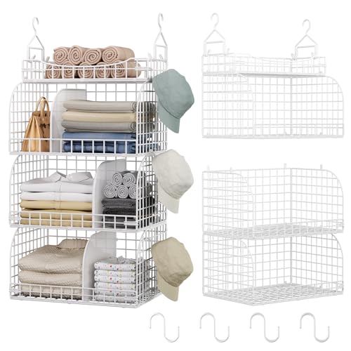 HapiRm Hanging Closet Organizer Storage - 3 Tier Metal Stackable Hanging Closet Shelves with Dividers and S Hooks, Foldable Clothes Shelves for Clothes, Pants, Shoes, Coat, Hats Clutches Accessories - color: White, size: 4-Tier
