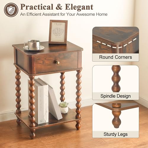 AWASEN Nightstand, Mid Century Modern Night Stand with Drawer for Living Room, Modern Bedside End Table with Spindle Wood Legs for Bedroom, Office, Rustic Brown - color: Rustic Brown