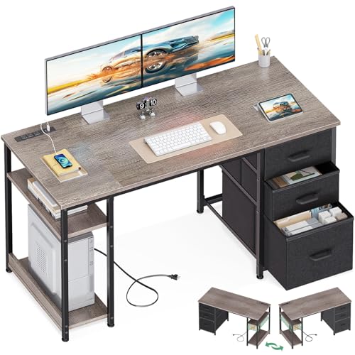 AODK 51 Inch Computer Desk with Drawers & USB Power Outlets | Reversible Home Office Desk with Storage Shelves, Work from Home, Modern Work/Writing/Study Table for Bedroom, Grey Oak - color: Grey Oak, size: 51 Inch
