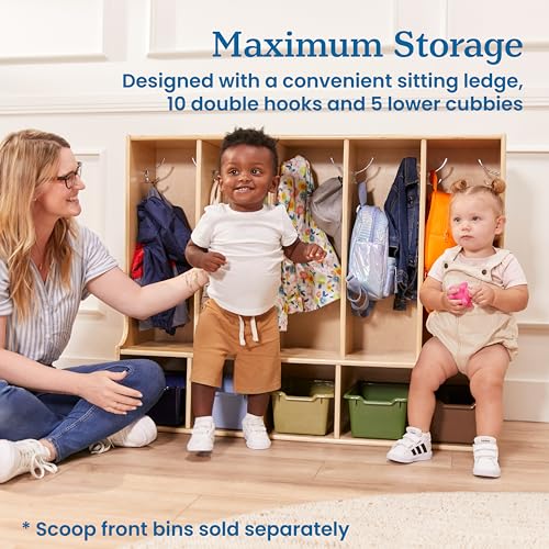 ECR4Kids Streamline 5-Section Toddler Coat Locker with Bench, Classroom Furniture, Natural - color: Beige