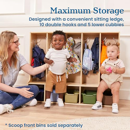 ECR4Kids Streamline 5-Section Toddler Coat Locker with Bench, Classroom Furniture, Natural - color: Beige