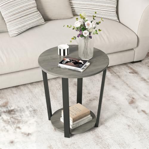 Giantex Round End Table, 2-Tier Side Sofa Table with Open Storage Shelf and Metal Frame, Industrial Nightstand Bedside Table for Living Room, Bedroom, Small Space, Accent Furniture (1, Oak) - color: Oak