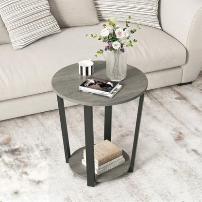 Giantex Round End Table, 2-Tier Side Sofa Table with Open Storage Shelf and Metal Frame, Industrial Nightstand Bedside Table for Living Room, Bedroom, Small Space, Accent Furniture (1, Oak) - color: Oak