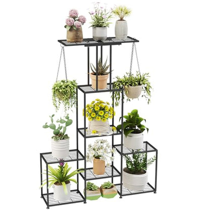 Plant Stand Indoor Outdoor, Metal 6 Tier Tall Hanging Plant Shelf for Multiple Flower Planter Large Heavy Duty Ladder Plant Holder for Garden, Black (y-202) - size: y-202