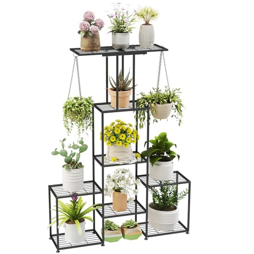 Plant Stand Indoor Outdoor, Metal 6 Tier Tall Hanging Plant Shelf for Multiple Flower Planter Large Heavy Duty Ladder Plant Holder for Garden, Black (y-202) - size: y-202