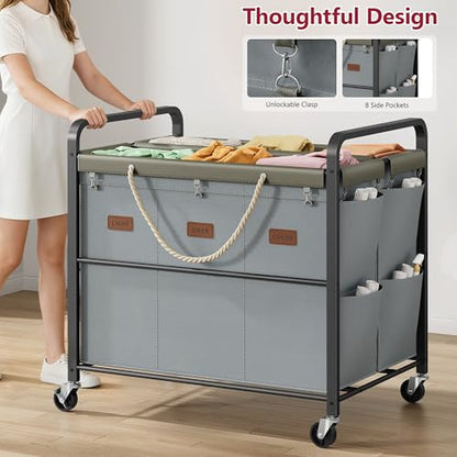 350L Extra Large Laundry Cart 6 Section, Grey | Large Capacity, Heavy Duty Lockable Wheels, Sturdy Metal Frame, Leather Patchwork, Removable Bags - color: Grey, size: 6 Bag 350L