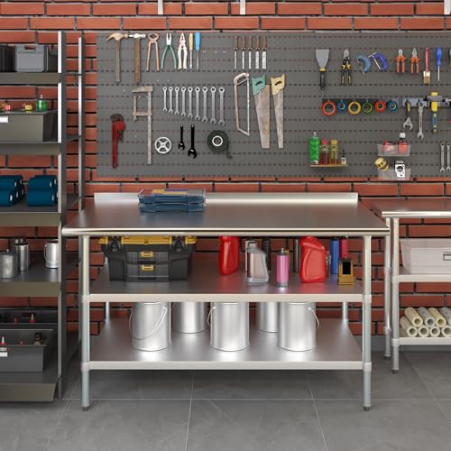 AmGood Stainless Steel Work Table with 1.5" Backsplash and 2 Shelves | Metal Kitchen Food Prep Table | NSF (60" Long x 30" Deep) - size: 60" Long x 30" Deep