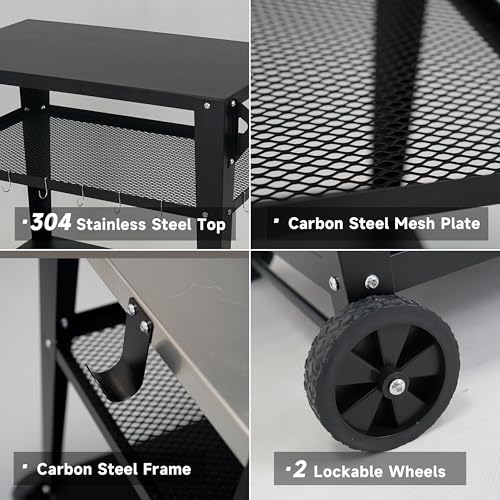 LEETOLLA Outdoor Grill Cart with Wheels, BBQ Prep Table | 3-Tier Rolling Cart, 200LBS Capacity, Cooking Station, Grill Stand, Metal Cart - color: Black