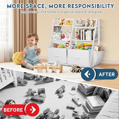 LOFTEY Kids Bookshelf and Toy Storage, Toy Box with Bookshelf, White | 29.5" Child-Friendly Height, 2 Large Fabric Drawers, 4 Sling Book Pockets, Anti-Tip Straps, for Nursery, Bedroom and Playroom