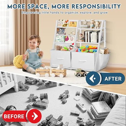 LOFTEY Kids Bookshelf and Toy Storage, Toy Box with Bookshelf, White | 29.5" Child-Friendly Height, 2 Large Fabric Drawers, 4 Sling Book Pockets, Anti-Tip Straps, for Nursery, Bedroom and Playroom