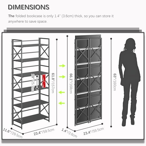 4NM 6 Tiers No Assembly Book Shelves, 61.8" H Folding Bookshelf Bookcase Open Industrial Foldable Shelves for Bedroom, Living Room, Home Office - All Black - color: All Black, size: XX 6-Tier