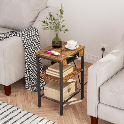 HOOBRO Side Tables Set of 2 with Charging Station and USB Port, Small End Tables for Small Space, 3-Tier Nightstands with Adjustable Shelf, for Living Room, Bedroom, Rustic Brown BF112BZP201 - color: Rustic Brown + Black
