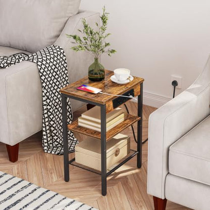HOOBRO Side Tables Set of 2 with Charging Station and USB Port, Small End Tables for Small Space, 3-Tier Nightstands with Adjustable Shelf, for Living Room, Bedroom, Rustic Brown BF112BZP201 - color: Rustic Brown + Black