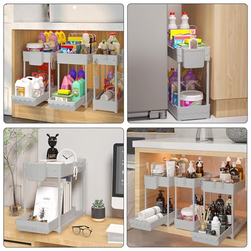 Sevenblue 3 Pack Under Sink Organizers, 2-Tier Multi-Use Kitchen and Bathroom Organizers and Storage with Sliding Drawers, Bathroom Cabinet Organizer (Gray, 14.8 Inch) | Multi-use kitchen & bathroom storage, 14.8 inch gray cabinet organizer, space-saving