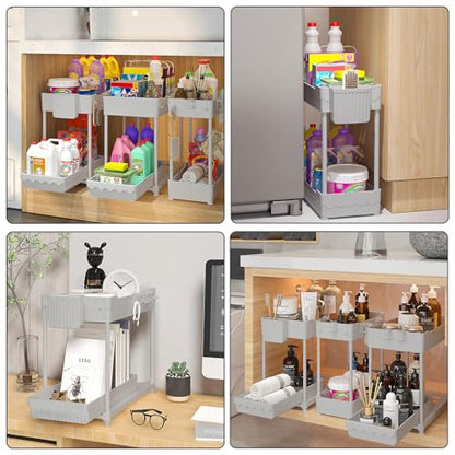 Sevenblue 3 Pack Under Sink Organizers, 2-Tier Multi-Use Kitchen and Bathroom Organizers and Storage with Sliding Drawers, Bathroom Cabinet Organizer (Gray, 14.8 Inch) | Multi-use kitchen & bathroom storage, 14.8 inch gray cabinet organizer, space-saving