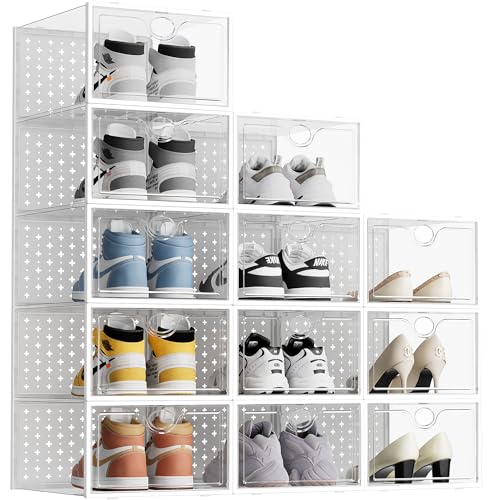 12 Pack X-Large Shoe Storage Boxes, Shoe Organizer Clear Stackable | Fit US Size 11, 6.2” Height, Shoe Dispaly Case Holder Bins Sneaker Storage for Sneakerheads, For Home and Family, White - color: Clear and White, size: 12 Pack