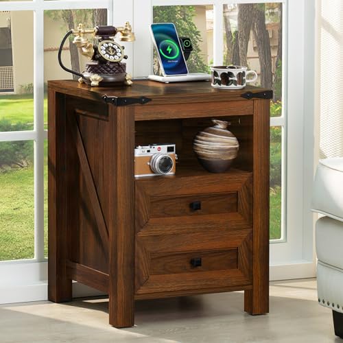 Joaxswe Nightstand with Charging Station and USB Port, Farmhouse Side End Table with 2 Drawers and Open Shelf, Wood Rustic Sofa Table, Bedside Cabinet for Bedroom, Living Room, Closet, Office(Brown) - color: Brown, size: 1 pack