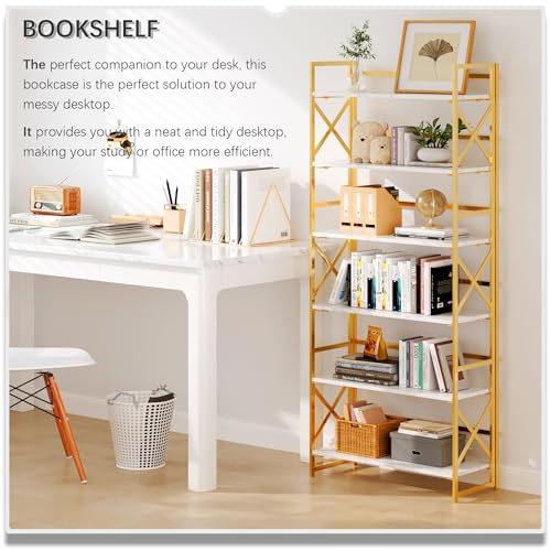4NM 6 Tiers No Assembly Book Shelves, 61.8" H Folding Bookshelf Bookcase Open Industrial Foldable Shelves for Bedroom, Living Room, Home Office - White Gold - color: White Gold, size: XX 6-Tier