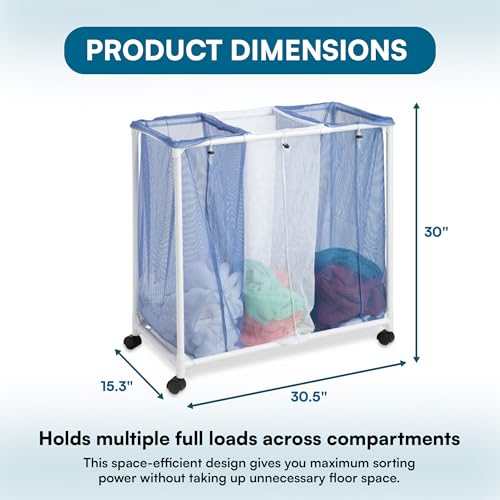 Honey-Can-Do HMP-01629 3 bag mesh laundry sorter, 30.5" x 15.3" x 30" , Blue/White
