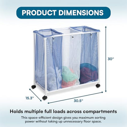 Honey-Can-Do HMP-01629 3 bag mesh laundry sorter, 30.5" x 15.3" x 30" , Blue/White