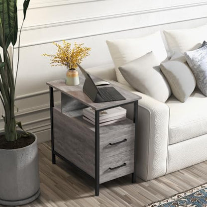 Livofloral Side Table, Gray End Tables with Charging Station, Narrow End Table with Wooden Drawers, USB Ports and Power Outlets, Nightstand and Bedside Table, Side Table Living Room, Bedroom - color: Light Gray