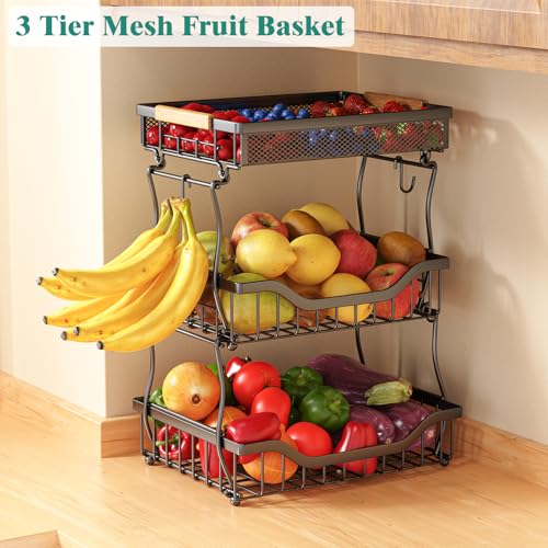 Giwil 3 Tier Countertop Fruit Mesh Basket for Kitchen, Vegetable Storage Bread Fruit Bowl Stand with 2 Banana Hooks, Wall Mounted Metal Wire Basket Organizer for Potato Onion, Black - size: 3 Tier Mesh Basket Top