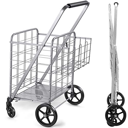 Wellmax Folding Grocery Cart with Wheels, Heavy Duty Metal Utility Cart with Mesh Bottom, Extra Rear Basket, 160 lb Capacity, Dual Swivel Wheels, Foldable Trolley for Groceries & Laundry - size: Jumbo