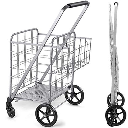 Wellmax Folding Grocery Cart with Wheels, Heavy Duty Metal Utility Cart with Mesh Bottom, Extra Rear Basket, 160 lb Capacity, Dual Swivel Wheels, Foldable Trolley for Groceries & Laundry - size: Jumbo