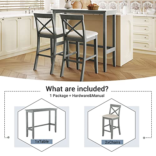 Farmhouse Rustic 3-Piece Counter Height Wood Kitchen Dining Sets, Home Bar Pub Kitchen Set, 48'' Long Bar Table with 2 Upholstery Chairs for Small Places - color: Gray-3-piece