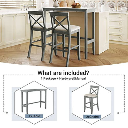 Farmhouse Rustic 3-Piece Counter Height Wood Kitchen Dining Sets, Home Bar Pub Kitchen Set, 48'' Long Bar Table with 2 Upholstery Chairs for Small Places - color: Gray-3-piece