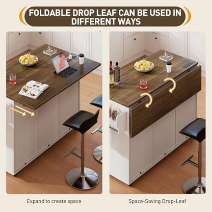 Kitchen Island with Storage, 55" Kitchen Cart with Charging Station, Rolling Kitchen Island Table with Drop-Leaf, 3 Drawers, Barn Doors, Towel Rack and Spice Rack, White and Walnut - color: White + Walnut