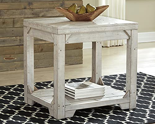 Signature Design by Ashley Fregine Farmhouse Rectangular End Table with Lower Open Shelf, Triangle Bracket Accents, Wood, 25.25" High, Weathered White - color: Whitewash