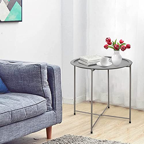 Garden 4 you Folding Tray Metal Side Table 2PC Grey Round End Table Cyan Sofa Small Accent Fold-able Table, Round End Table Tray, Next to Sofa Table, Snack Table for Living Room and Bed Room - color: Grey