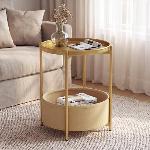 Garden 4 you Side Table with Fabric Storage Basket, Round Metal End Table, Small Bedside Table Nightstand with Removable Tray, for Nursery, Living Room, Bedroom, Bathroom, Gold - color: Gold