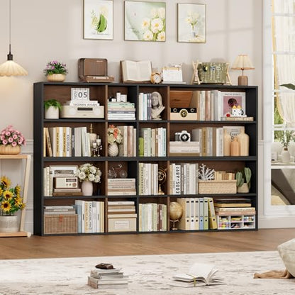 FOTOSOK 71'' Tall Bookshelf with 14 Cubes, 7 Tier Double Wide Wood Bookshelf with 6 Adjustable Shelves, 19.6" Narrow Bookcase DVD/CD Media Storage, Space Saving Display Shelf Cabinet, Black/Brown - color: Black/Brown