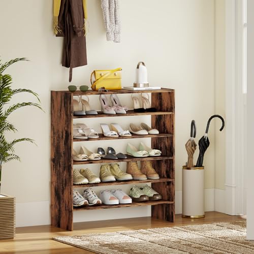 COSTWAY 6-Tier Shoe Rack, Extra Wide Shoe Shelf Organizer with Stackable Design, 31" Freestanding Adjustable Storage Shoe Stand for Small Space Entryway Hallway Closet (1,Rustic Brown) - color: Rustic Brown