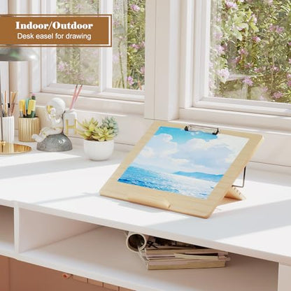 Slant Board for Writing Adjustable Slanted Writing Board Easel for Desk | Bamboo Writing Board Stand with Metal Clip, 4 Adjustable Angles, Foldable Slanted Clipboard for Handwriting, Reading, Drawing