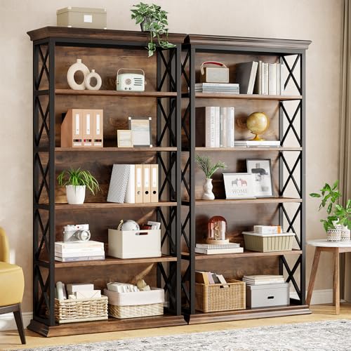Tribesigns 6-Tier Bookcase Set of 2, 71 Inches Industrial Bookshelves and Bookcases, Floor Standing 5 Shelf Display Storage Shelves Tall Bookcase for Home Office, Living Room, Bed Room - color: Brown and Black, size: 2