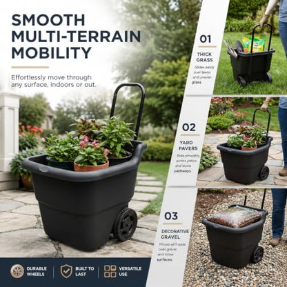 15-Gallon Rolling Lawn and Garden Utility Cart, Durable Resin Yard Wagon with Retractable Handle & 7-Inch Flat-Free Wheels for Outdoor Mulch, Dirt, and Debris Transport, Black