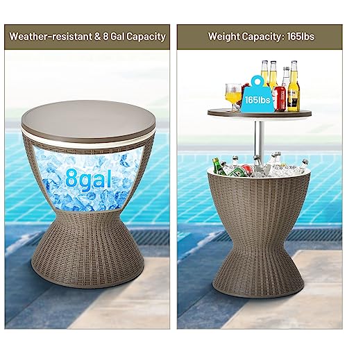Tangkula Outdoor Cool Bar Table, Rattan Style Patio 8 Gallon Beer and Wine Cooler, All-Weather Ice Bucket w/Height Adjustable Top, Drainage Plug, 3-in-1 Cocktail Coffee Table for Party, Pool (Coffee) - color: Coffee