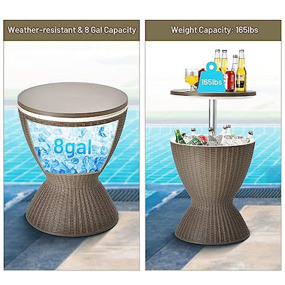 Tangkula Outdoor Cool Bar Table, Rattan Style Patio 8 Gallon Beer and Wine Cooler, All-Weather Ice Bucket w/Height Adjustable Top, Drainage Plug, 3-in-1 Cocktail Coffee Table for Party, Pool (Coffee) - color: Coffee